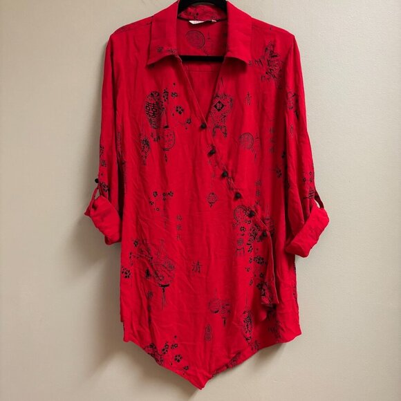 Soft Surroundings Women Wrap Top Size *S Knot Button Asian Tunic Red Asymmetric - Picture 12 of 16